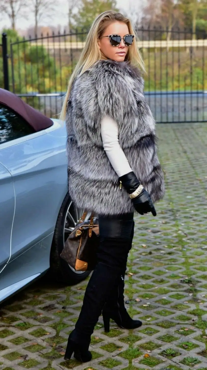 Жилет из настоящего натурального серебристого песца FURSARCAR Luxury с воротником для женщин на осень и зиму, теплая верхняя одежда для женщин.