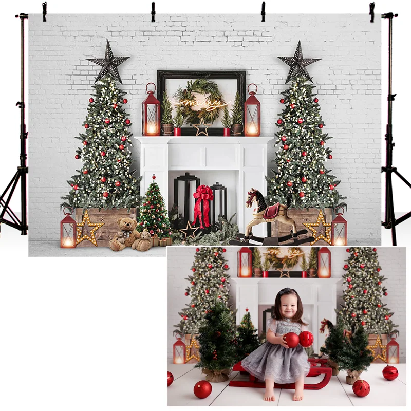 

Christmas Photography Background Christmas Tree White Brick Wall Backdrop Fireplace Children Party Decoration Prop Banner Studio