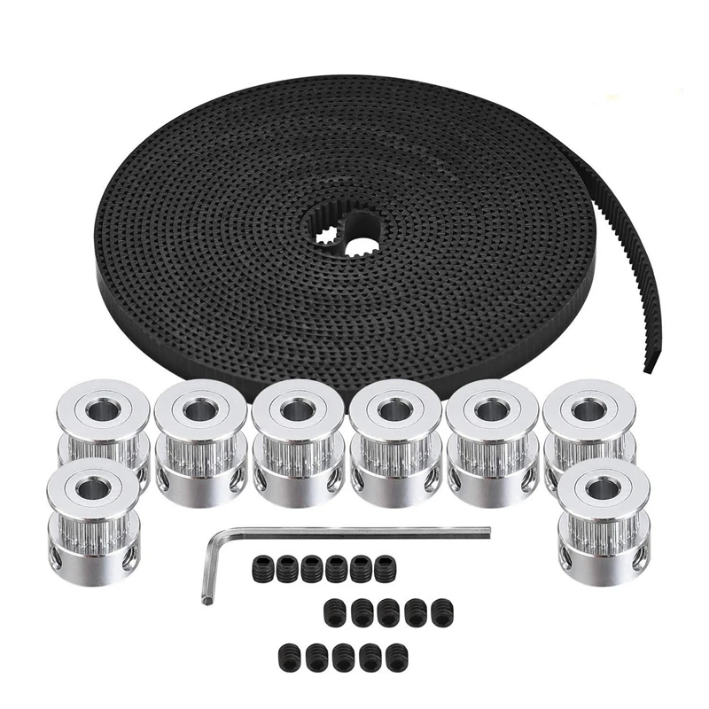 

GT2 Timing Belt Pulley, 8 Pcs 5mm 20 Teeth Timing Pulley Wheel and GT2 5 Meters Rubber 2mm Pitch 6mm Wide Timing Belt