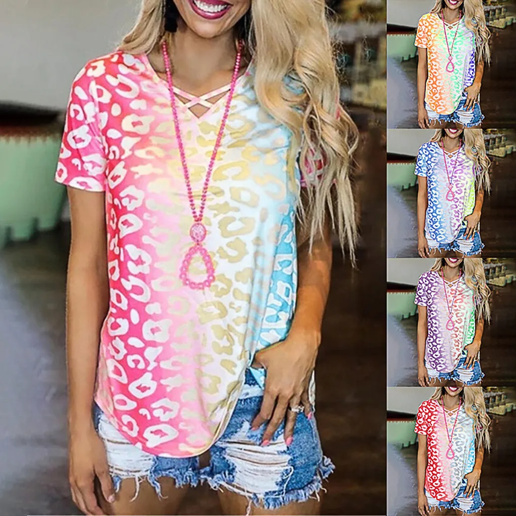 Womail 2020 Summer Women's t-shirt Fashion Tie-Dye Leopard T Shirts Harajuku Casual Cross V-Neck Gradient Short Sleeve Tee Tops | Женская