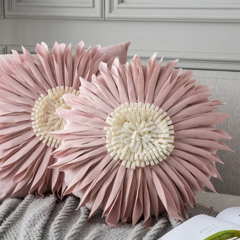 

Fashion Modern Style Pink White Throw Pillows 45*45cm Velvet Stitching 3D Chrysanthemum Cushion Waist Pillow Blue Cushion Case