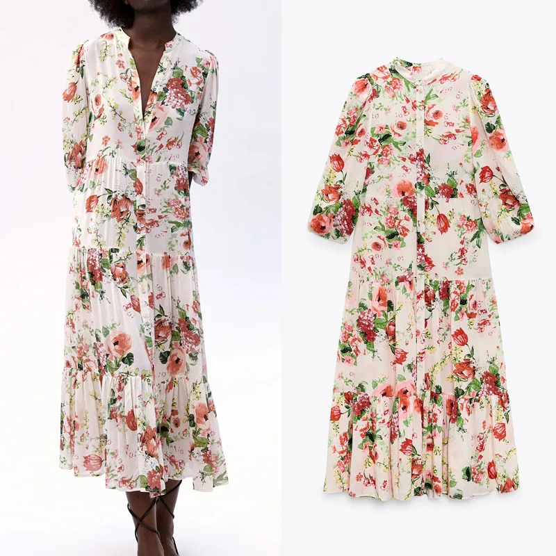 

ZA Floral Print Midi Dress Women 2021 Summer Long Puff Sleeve Front Button Long Dresses Vintage Ruffled Pleated Chic Woman Dress