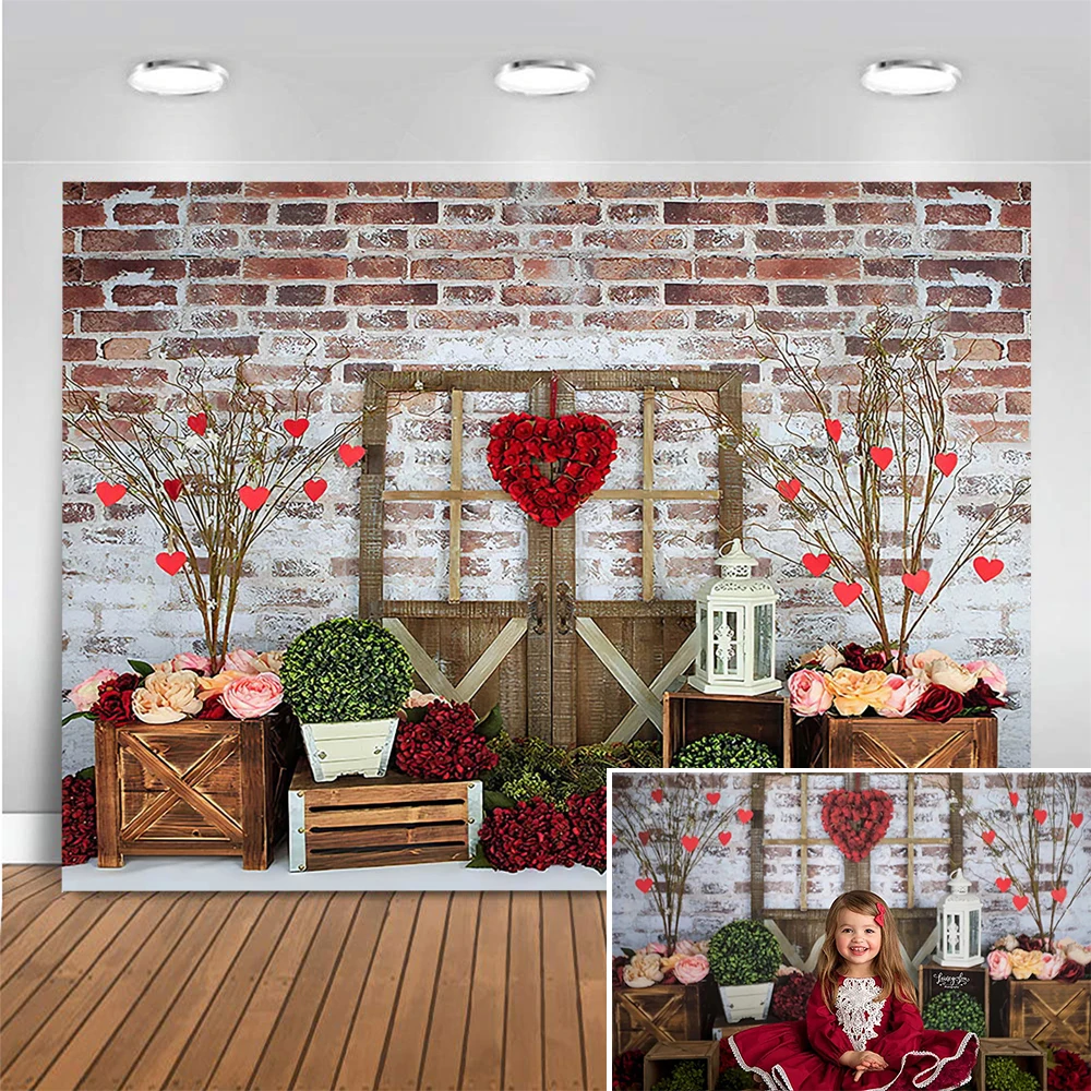 

Valentine's Day Photography Background Rose Trees Brick Wall Wood Door Dating Lovers Party Theme Props Backdrop Photo Studio