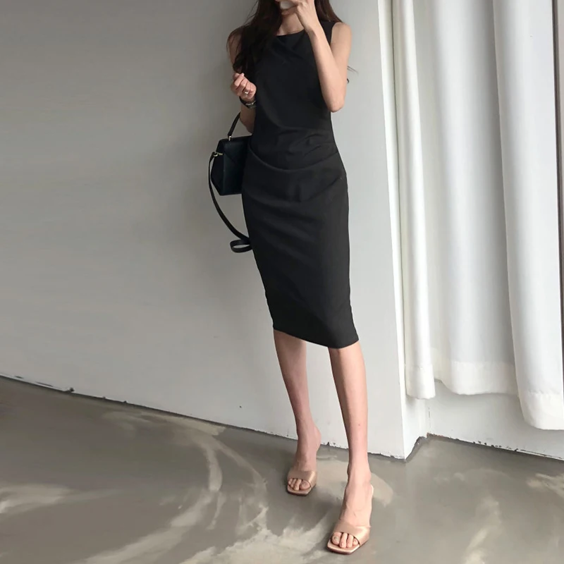 

2020 New Korean Style Chic Elegant Sleeveless Skirt Slim-Fit Sheath Dress Mid-Length Sneaky Design Straight Skirt