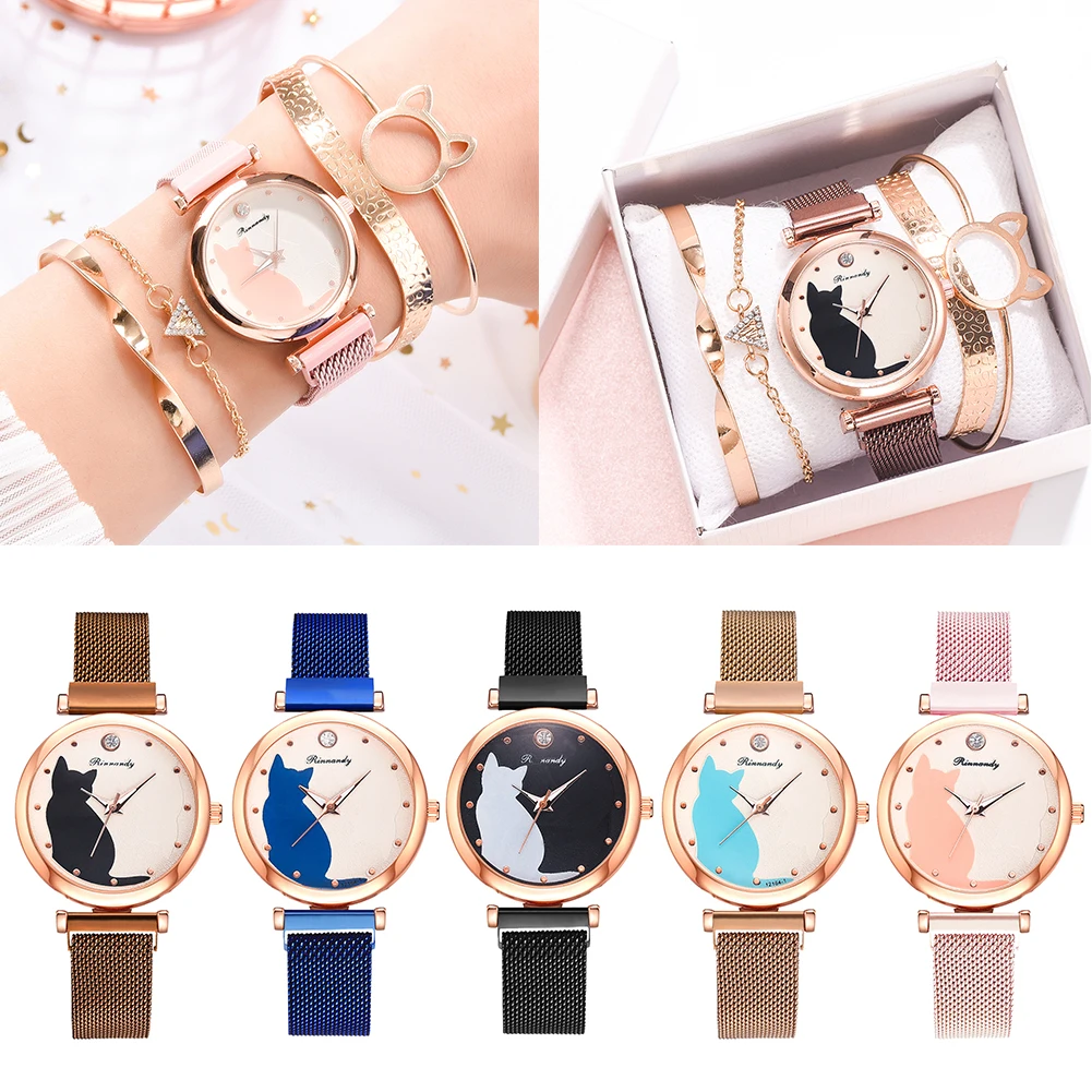 5 шт./компл. Модные женские наручные часы с сетчатым ремешком Стразы Кристалл