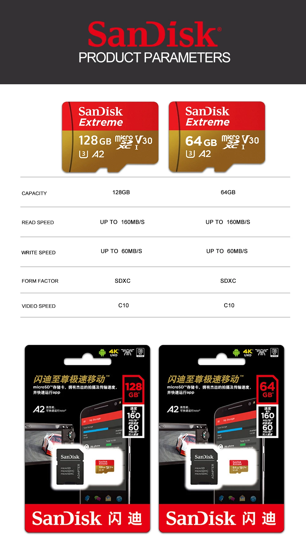 Карта памяти SanDisk Extreme Micro SD 32 ГБ 64 128 UHS-I U3 V30 A2 4K 256 400 гб TF/SD карты класс 10 SDHC SDXC |