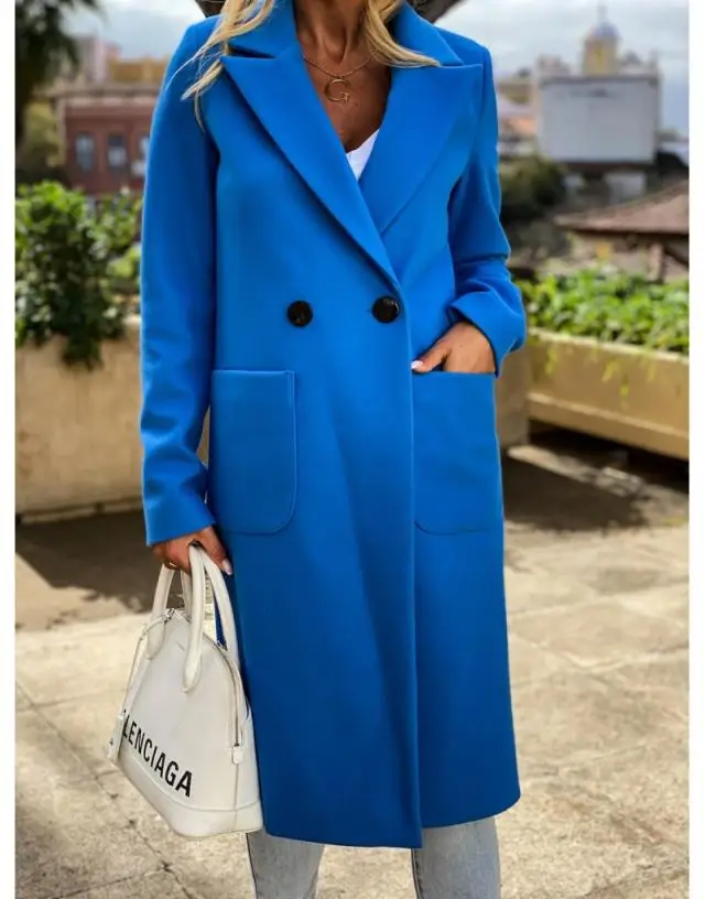 

Women Autumn Winter Long Sleeves Tailored Collar Wool Jacket Solid Color Double-breasted Coat Long Slim Overcoat Streetwear