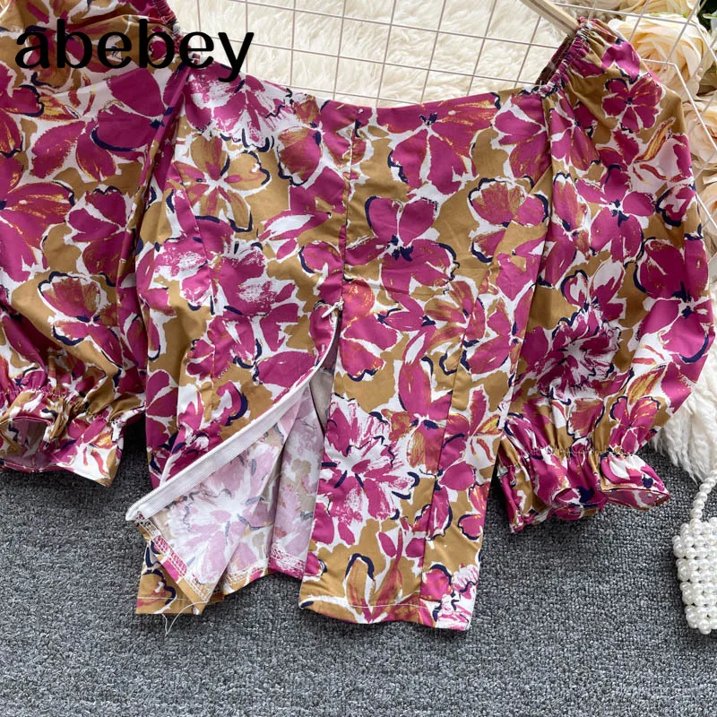 

Women French Floral Blouse Sweet Puff Sleeve V Neck Ruffles Tops Summer Boho Print Elastic Ruched Short Blouses