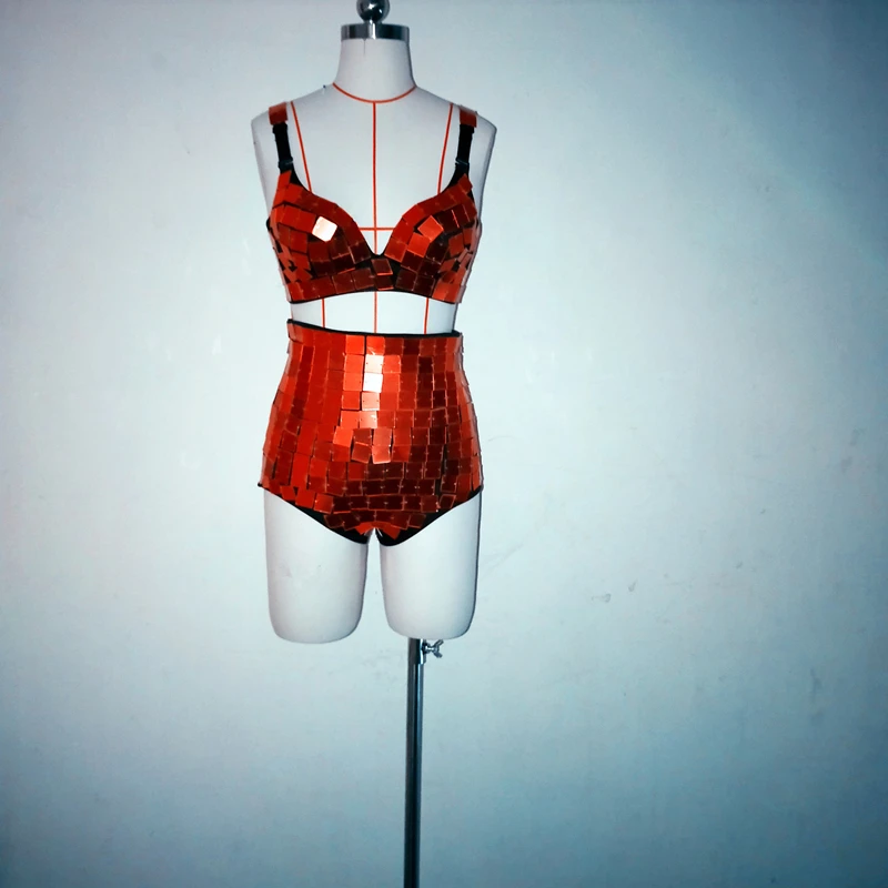(Бюстгальтер + шорты) золотистый/серебристый/красный Зеркальный цвет сексуальный