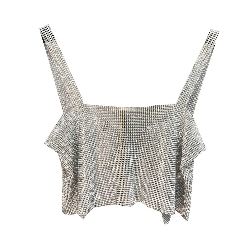 DEAT 2021 Summer Silver Sexy Sleeveless Sequins Diamond Dew Navel Short Camis Women MF757 | Женская одежда