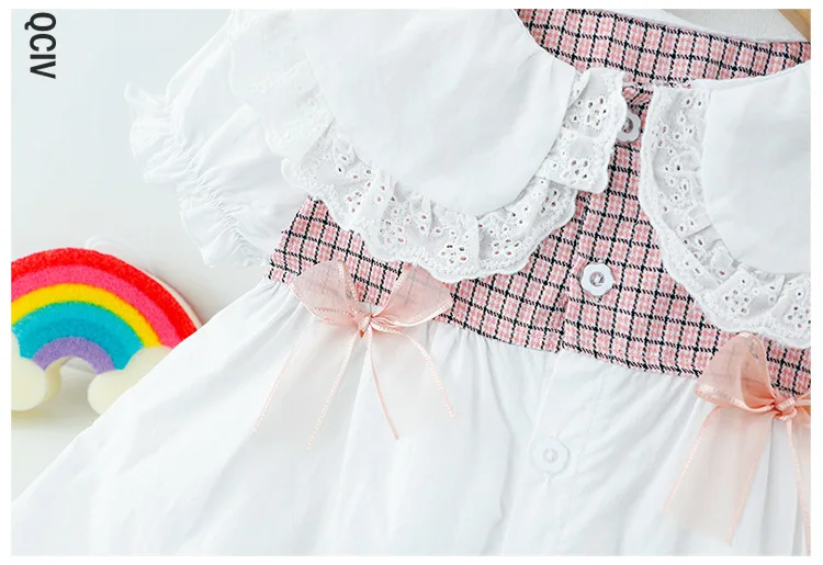 

1 2 3 4 Years Baby Fashion Sweet Girl Clothes Summer Plaid Bow Tie Lace Princess Shirt Cotton Birthday Party Puff Sleeve