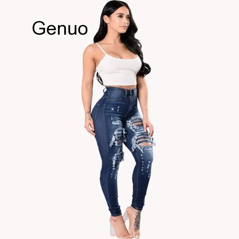 Womens Fashion High Waist Jeans Broken Hole Slim Body Stretch Bodycon Hollow Out Ripped Demin 3XL | Женская одежда