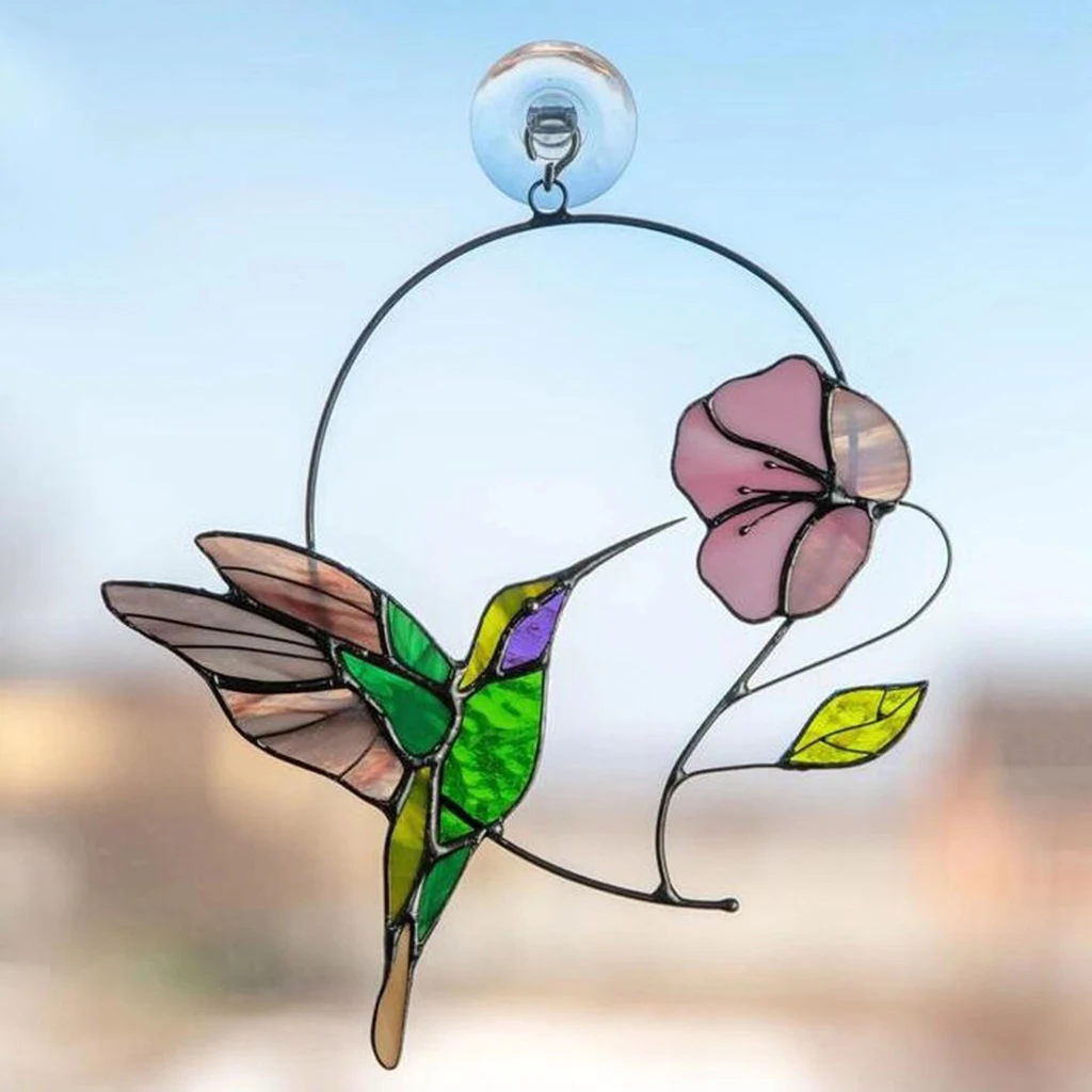 

Bird Suncatcher Stained Glass Window Hangings Peeking Hummingbird Decorative