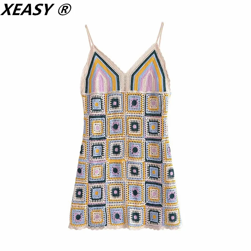 

Женское винтажное вязаное плетеное платье XEASY, ажурное привлекательное мини-платье на бретельках с открытой спиной и геометрическим узором без рукавов, 2021