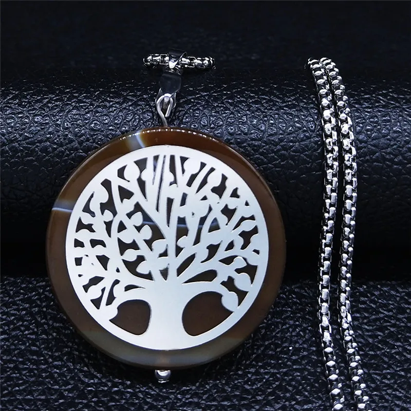 

2021 Fashion Tree of Life Natural Stone Stainless Steel Necklace Women Silver Color Chain Necklace Jewelry bijoux femme NXS04