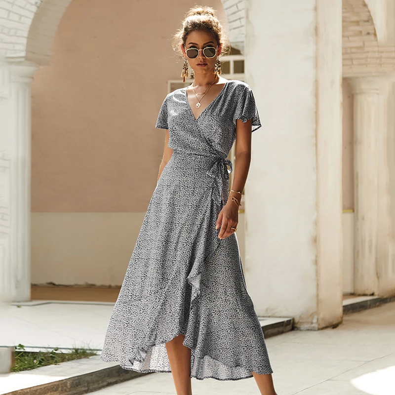 Летнее Элегантное Длинное платье для женщин 2020 макси платья с запахом принтом