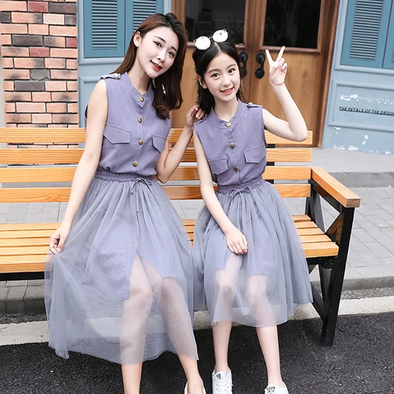 Mother Daughter Mesh Shirt Skirt Set Summer Sleeveless Mommy and Me Family Dress Matching Clothes Look Outfits | Мать и ребенок