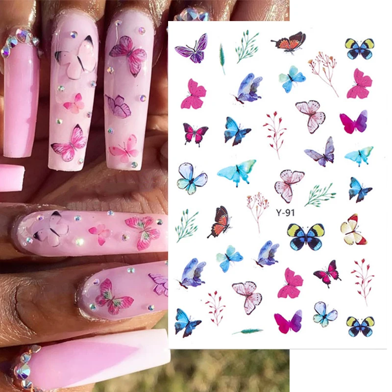 

1Sheet Holographic Butterflies Nails Art Manicure Stickers Blue Black Decals Spring Theme Flowers Nail Decoration Manicure Decal