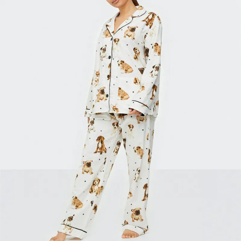 

100% Cotton Brushed Ladies Pajamas, White Dog Figure Suit, 3 Sizes, 0.6 KG