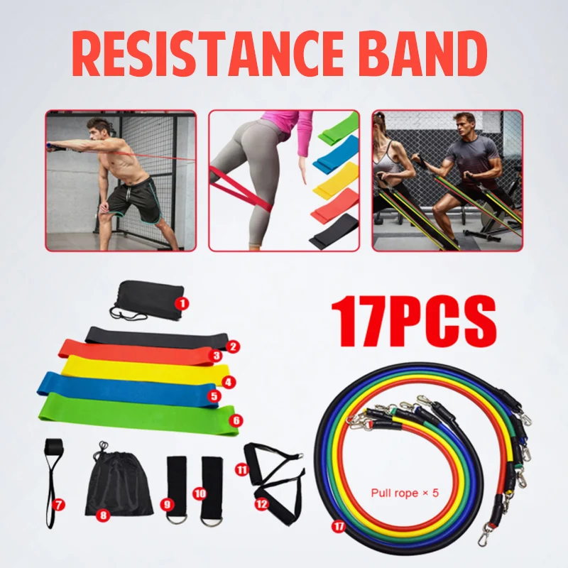 

17 Pcs/Set Latex Resistance Bands Crossfit Training Exercise Yoga Tubes Pull Rope,Rubber Expander Elastic Bands Fitness with Bag
