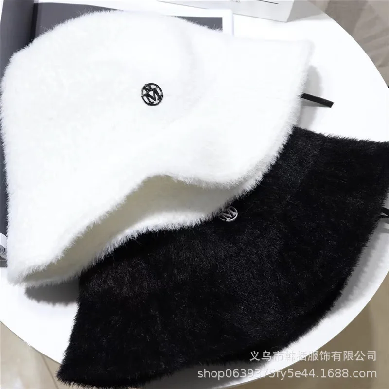 Women Autumn Winter Fashion Plush Warm Faux Mink Letter M Bucket Hat Standard Hat Bob Female Girls Fur Fisherman Hat Panama