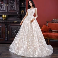 high end o neck full sleeve court train bridal ball gown 2021 new arrival button back embroidery appliques tulle wedding dress