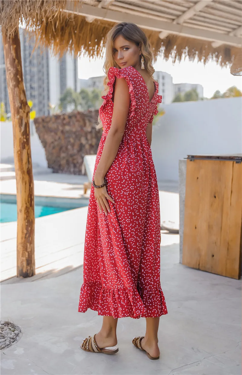 

Summer Boho Plus Size Ruffles Long Maxi Dress Women Elegant High Waist Beach Floral Print Pleated Dress Sundress Robe Vestidos