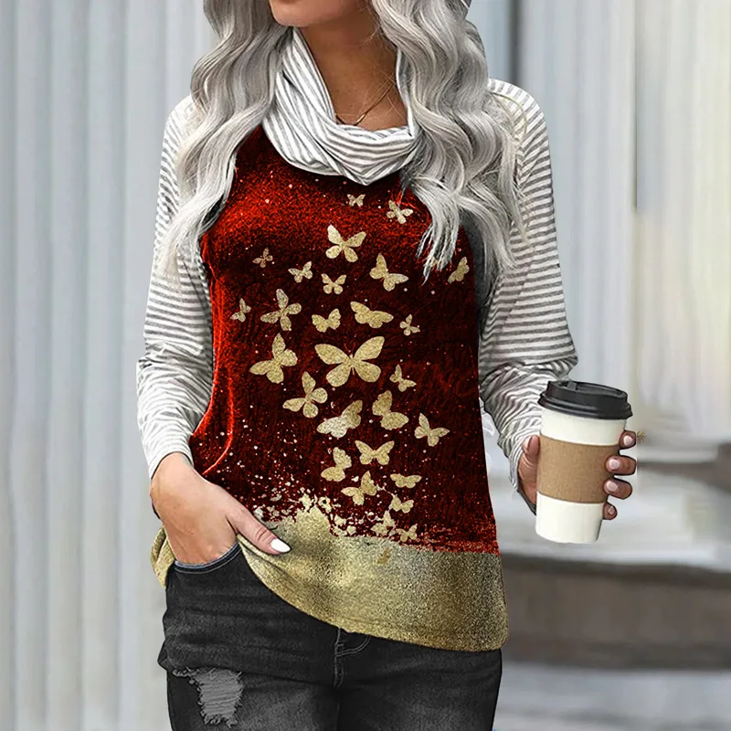 

Women's Fashion Stitching Long-sleeved Pile Neck Tops Striped Sleeve Butterflies Printed T-shirt Autumn Winter Pullover Blouses