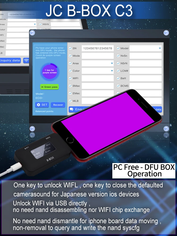 JC B BOX C3 DFU один ключ к фиолетовому для IOS A7 A11 iPhone и iPad разблокировка WIFI изменение NAND