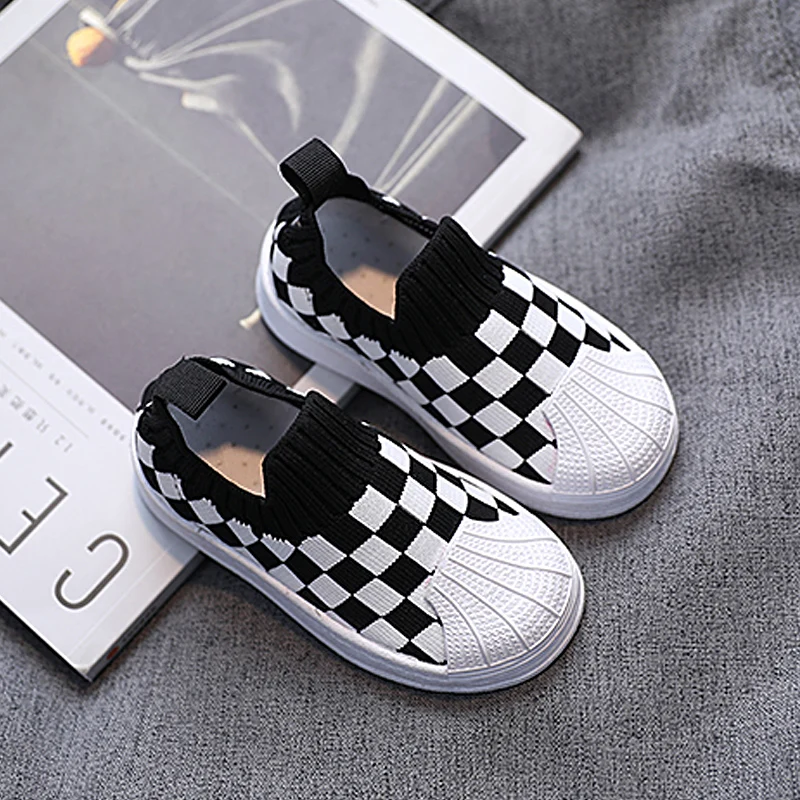 

Fashion Black White Loafers Shoes For Boys Girls Shell Toe Children Slip On Sneakers Knit Sock Shoes Kids Trainers zapatos niño