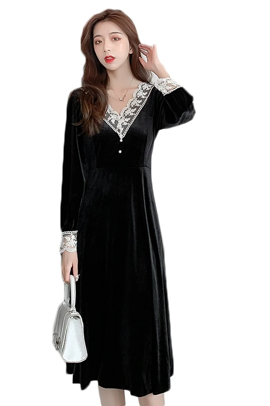 

COIGARSAM 4XL Plus Size Vintage Lace Women dress Dresses Black 2518