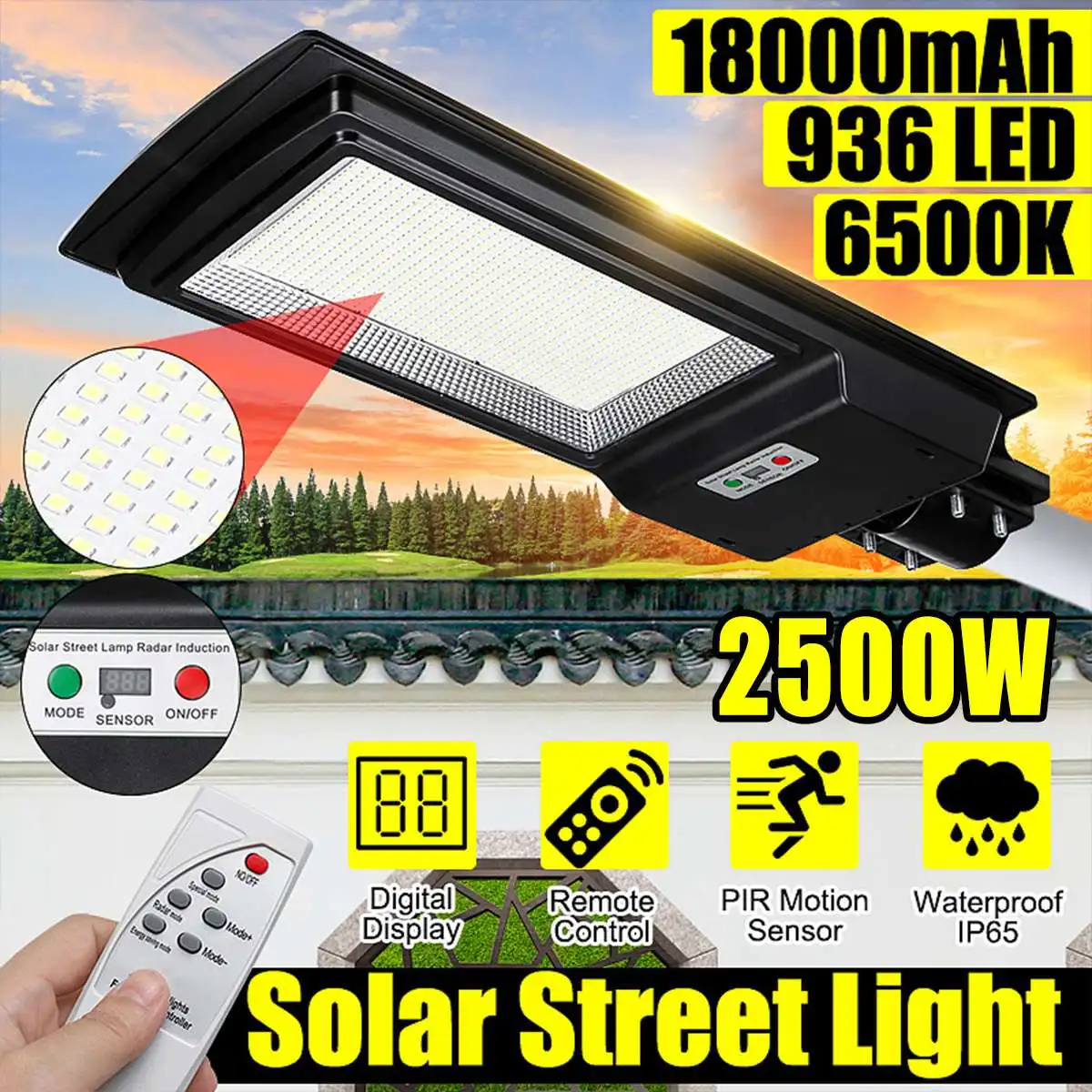 2500 Вт Цифровой дисплей светодиодный уличный фонарь на солнечной батарее IP65 936