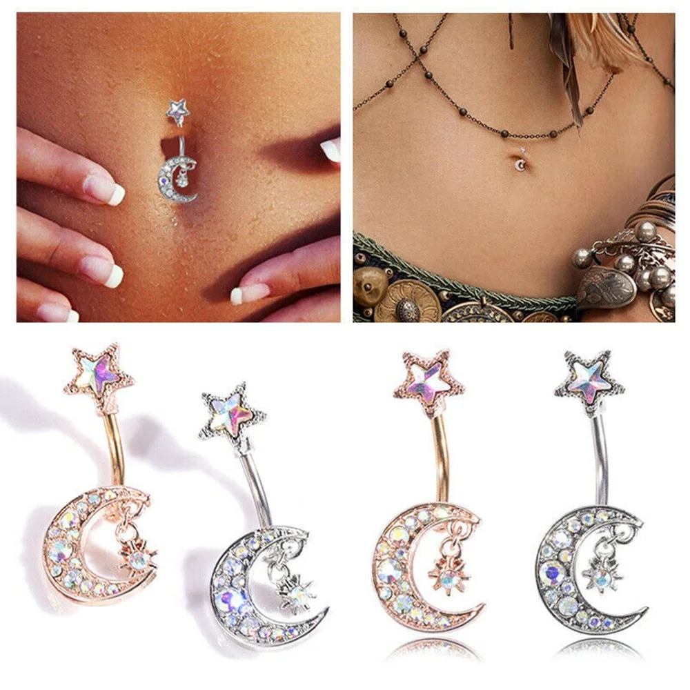 

Lateefah 2020 New Inlay Navel Personality Moon And Stars Navel Button Rings Sexy Belly Piercing Body Jewelry For Women