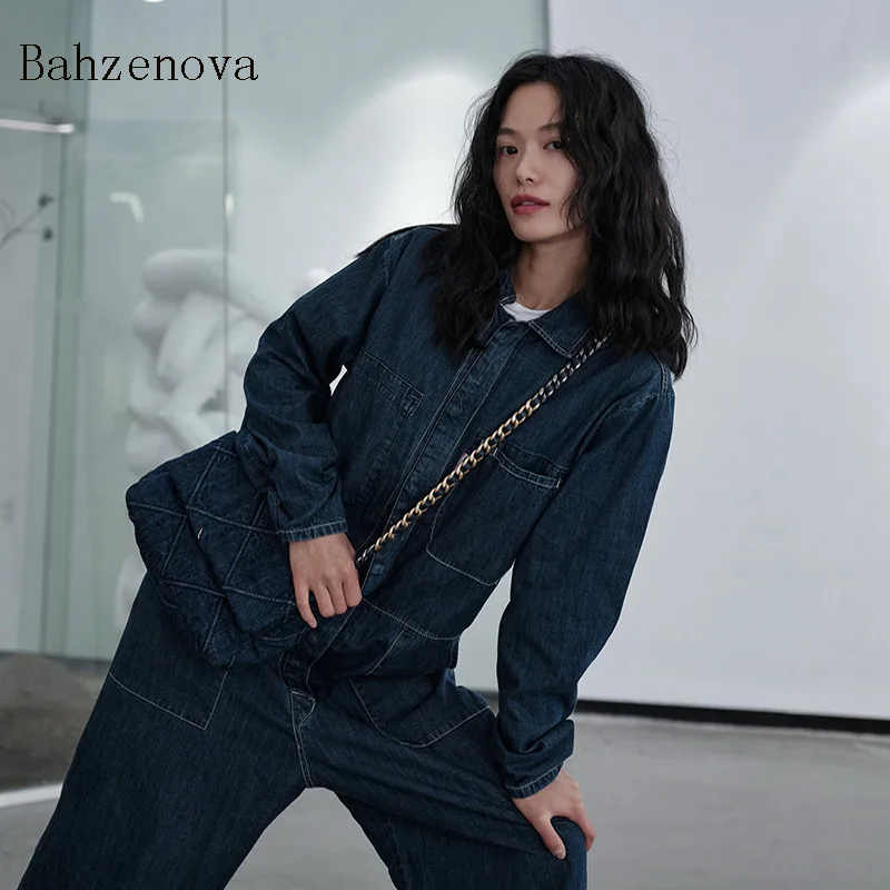 

Women 2020 Autumn Tooling style Denim Jumpsuits High quality Casual Pockets Straight Streetwear Solid Coat+trousers T1530