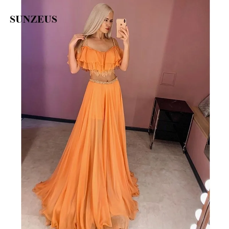 Preise Orange Chiffon Zwei Stück Prom Kleider 2019 Schatz Perlen 2 Stück Mädchen Bein Slit Graduation Kleider Vestido Gala Mujer