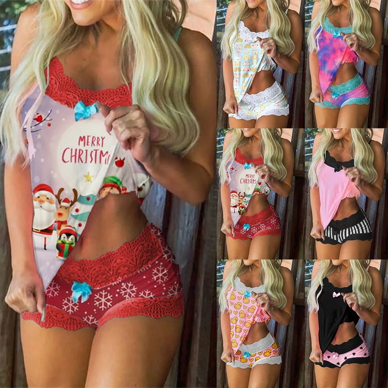 

2020 Women Sexy Fashion Spaghetti Strap Lace Trim Sleepwear Lace Trim Bowknot Decor Cami Set