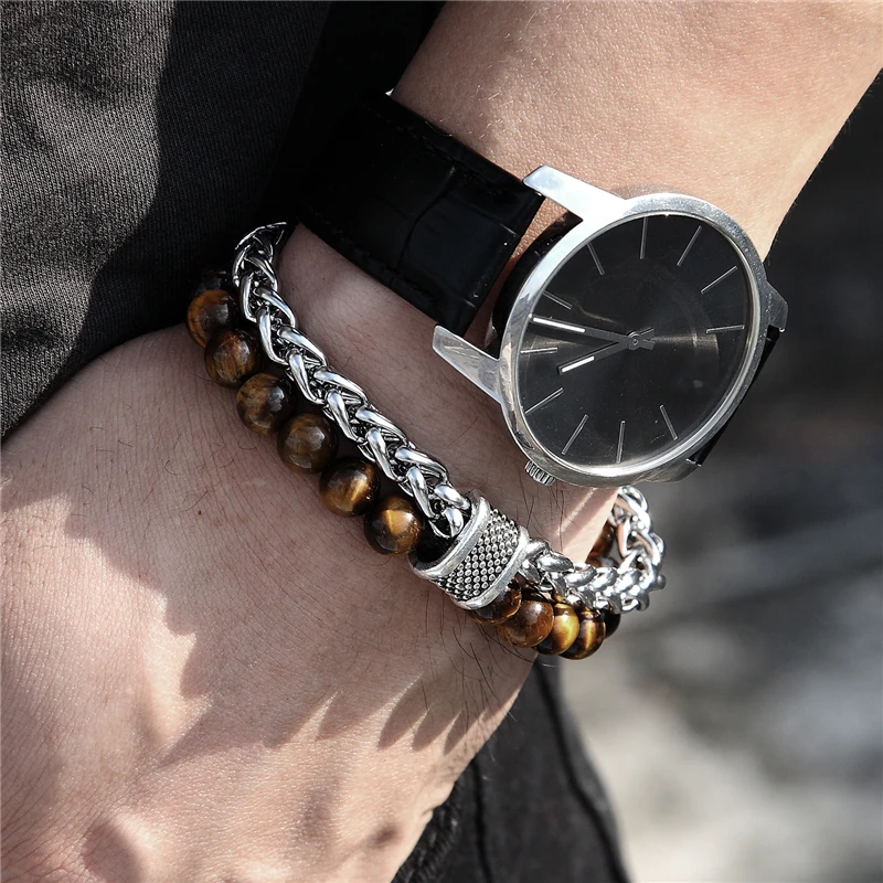 Tiger eye MKENDN Новое поступление нержавеющая сталь для мужчин и женщин тигровые глаза браслет из бисера кубинская цепочка мантра молитва браслет Будда из бусин - Окраска металла: Tiger eye