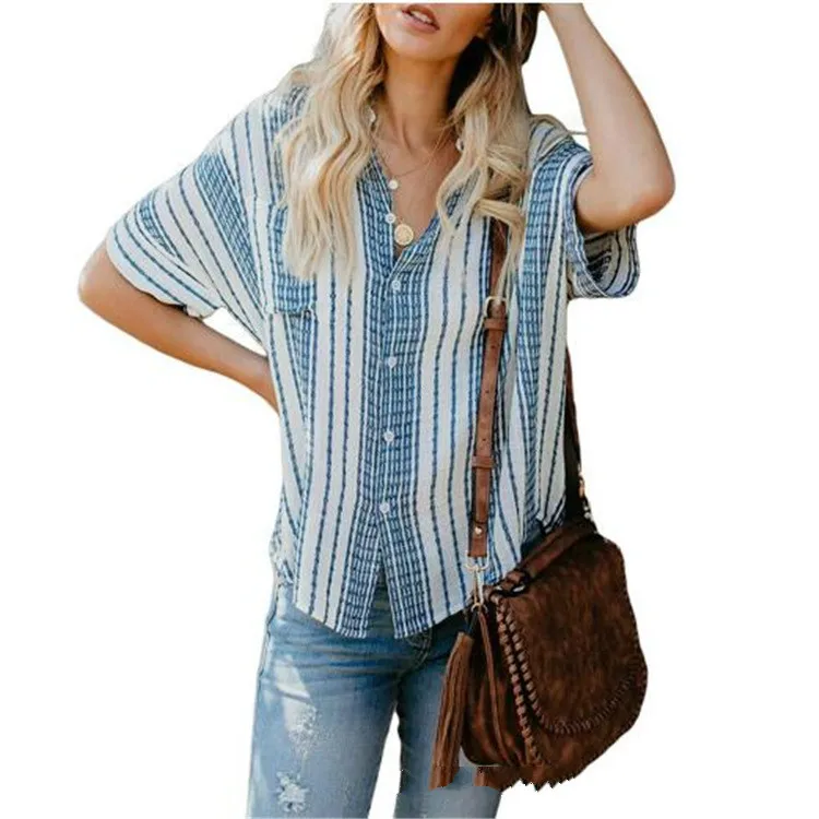 Женская рубашка-поло в полоску с коротким рукавом и пуговицами | одежда