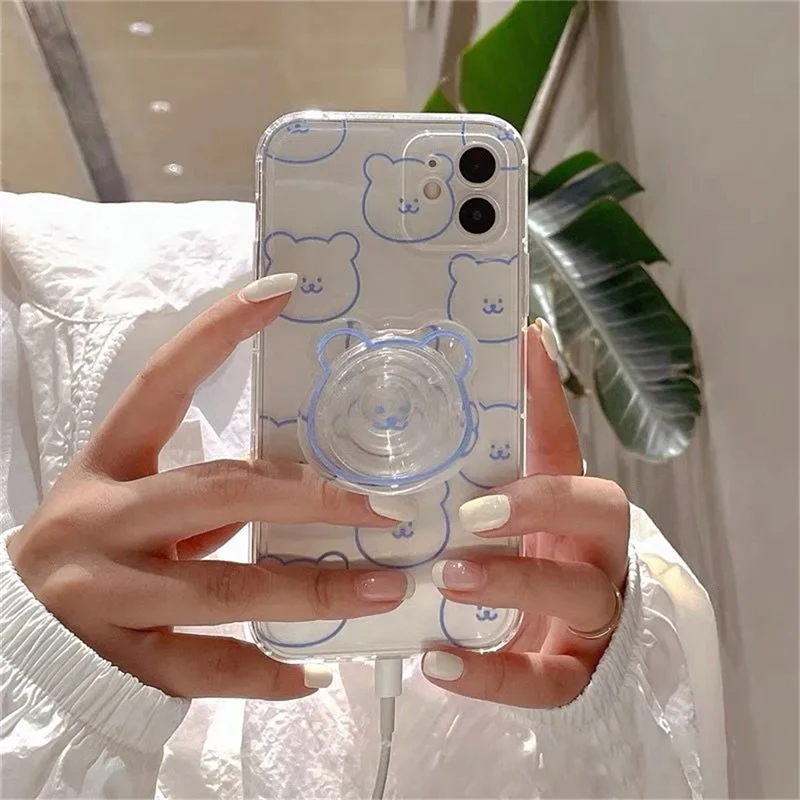 

INS Korean Cute Bear Bracket Phone Case For iPhone 11 12 Pro XS Max X XR SE 7 8 Plus Stand Holder Soft TPU Protection Back Cover