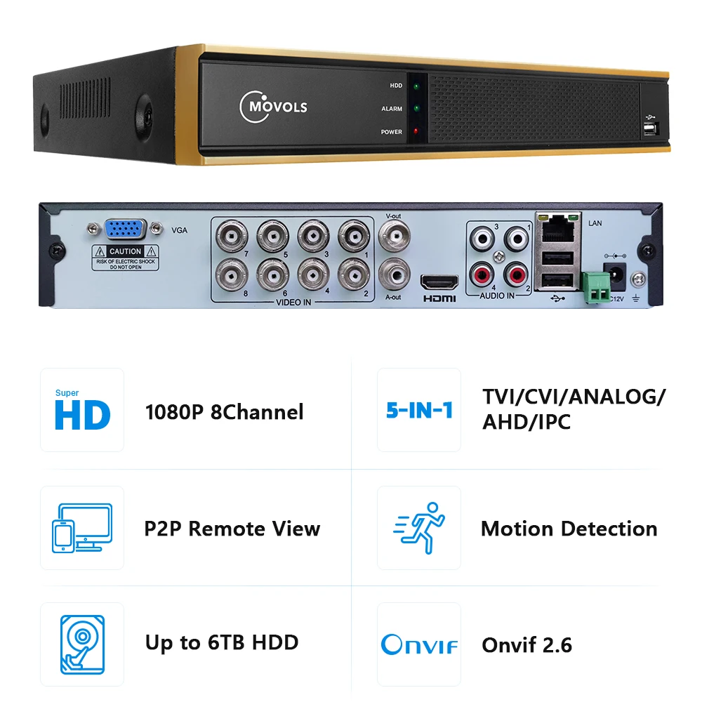 Видеорегистратор Movols AI 1080P 8 каналов H.265 5 в 1 видеорегистратор DVR для AHD-камер