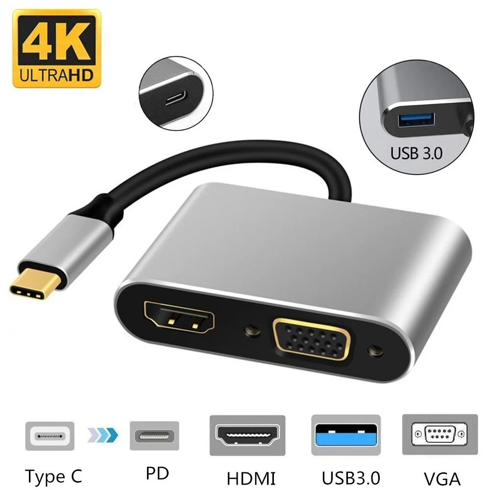 4 в 1 USB C HDMI Type c к 4K адаптер VGA USB3.0 аудио видео конвертер PD 87W быстрое зарядное