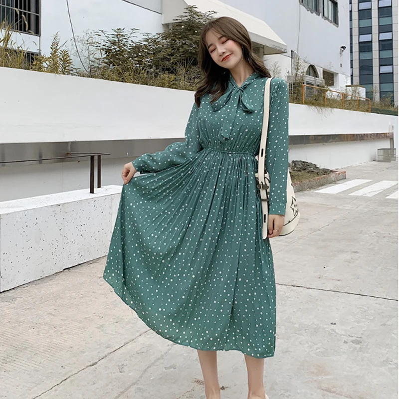 2020 весеннее корейское шифоновое элегантное плиссированное платье в горошек