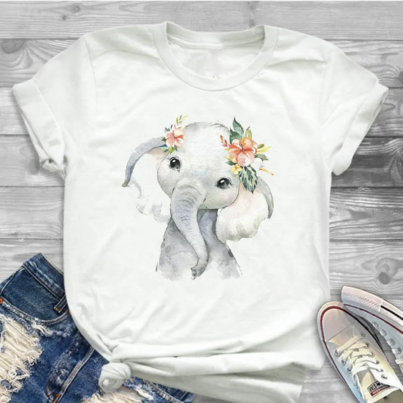 

Women Lady T Shirt Cartoon Elephant Love Heart Printed Tshirt Ladies Tee Shirt Women Female Tops Clothes Graphic T-shirt