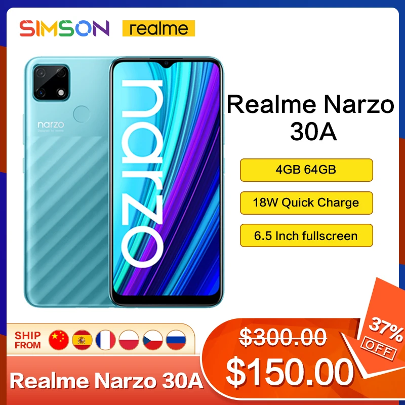 

Смартфон realme Narzo 30 А, 4 + 64 ГБ, глобальная версия дюйма, двойная камера 13 МП, 6,5 мА ч, 18 Вт, быстрая зарядка, 6000