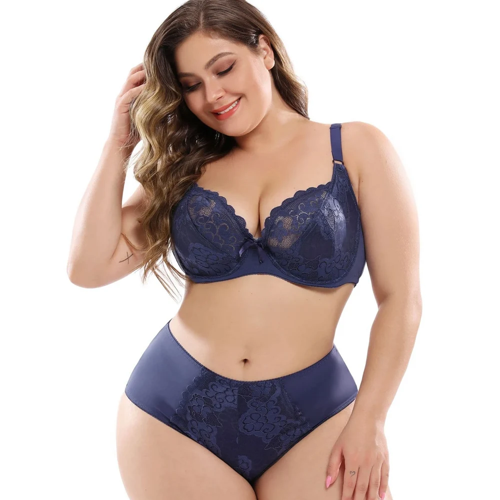 Women Bra Set Floral Lace Plus Size Female Lingeries Full Cup Unlined Bra and Panty Set Ultra Thin Panty 6 Colors C D DD E F