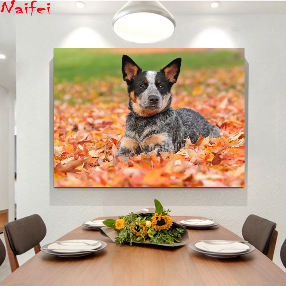 

Алмазная вышивка, распродажа, алмазная живопись «сделай сам», осенняя австралийская фигурка крупного рогатого скота, листва, щенок, украшен...