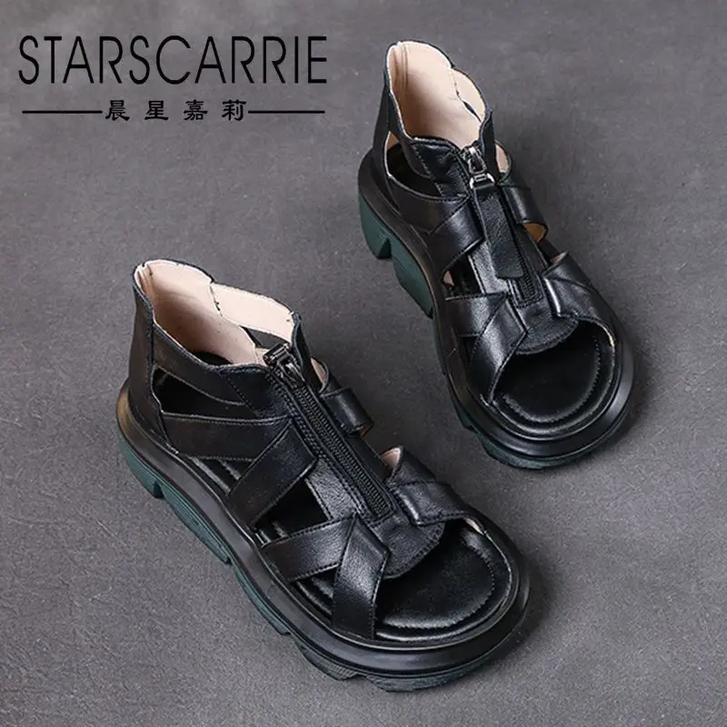 

2021 New Roman sandals women's Retro hollow out cowhide high top thick bottom muffin shoes leather soft bottom handmade sandals
