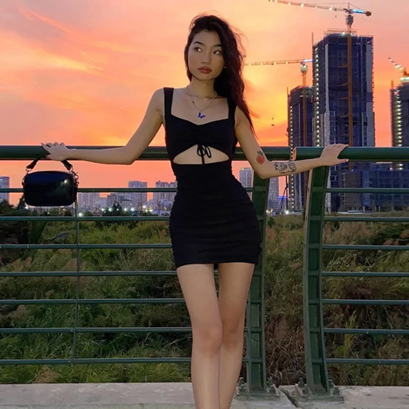 

Sexy Dress Women's Clothes Spaghetti Strap Hollow Out Sleeveless Slim Sheath Spring Summer Mini Dress Lady Casual Mujer Vestidos