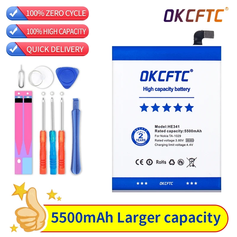 

OKCFTC Top Brand 100% New 5300mAh HE341 Battery for Nokia 2.1 TA-1029 TA-1080 Batteries + free gfit