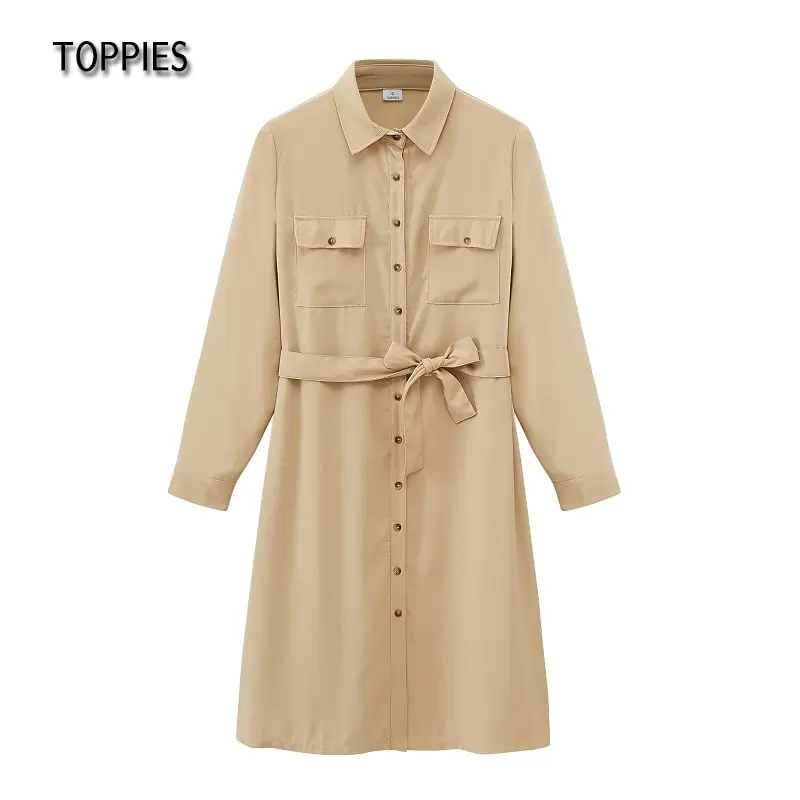 

Toppies 2021 женское платье рубашка, корейское модное повседневное платье рубашка с двумя карманами, с отложным воротником и поясом, офисное плат...